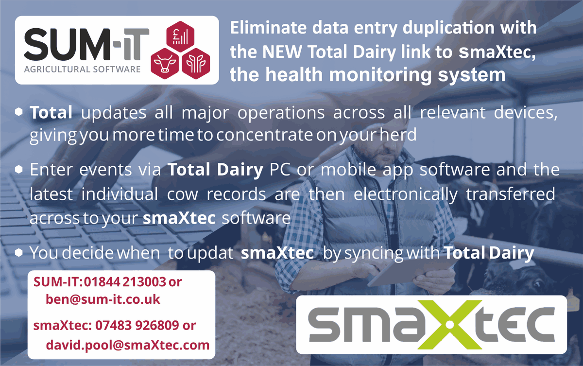 SumItSoftware's tweet photo. NEW Total Dairy link to smaXtec, the health monitoring system. Enter events via Total Dairy and the latest individual cow records are electronically transferred across to your smaXtec Software. See more here https://t.co/RDDnTVgzLN https://t.co/VcFqxlKYB4