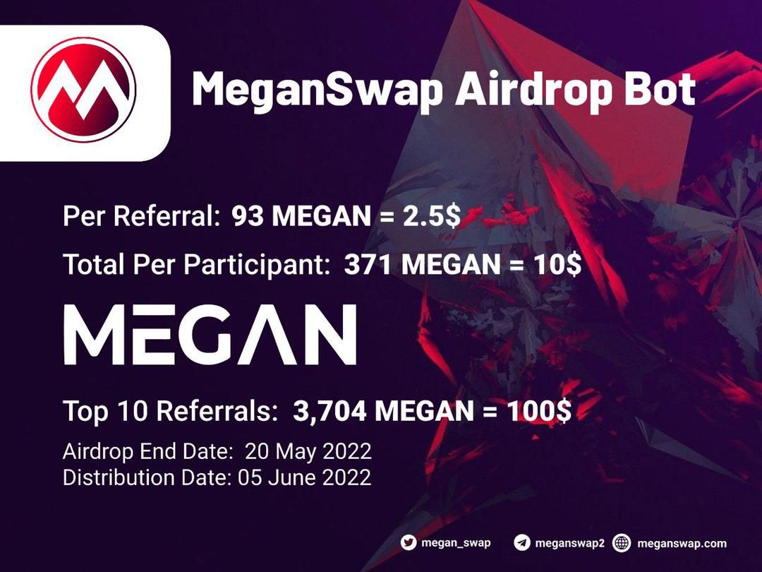 🚀 Airdrop: MeganSwap 💰 Value: 371 $MEGAN 👥 Referral: 93 $MEGAN 📊 Market: HotBit 📅 End Date: 20th May, 2022 🏦 Distribution Date: 5th June, 2022 Talk with the Telegram Bot t.me/MeganSwap_Aird… #Airdrop #Crypto #Airdrops #cryptocurrency #giveaway