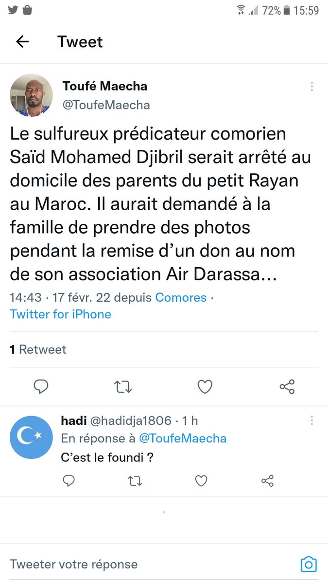 Selon le journaliste vedette de la Gazette des Comores <a href="/ToufeMaecha/">Toufé MAECHA</a> il semblerait que le prédicateur Austadhe #Said Mohamed Djibril est arrêté par les autorités Marocaines.

   《Mguo Nahi Fadhu Austadh DJIbril》.