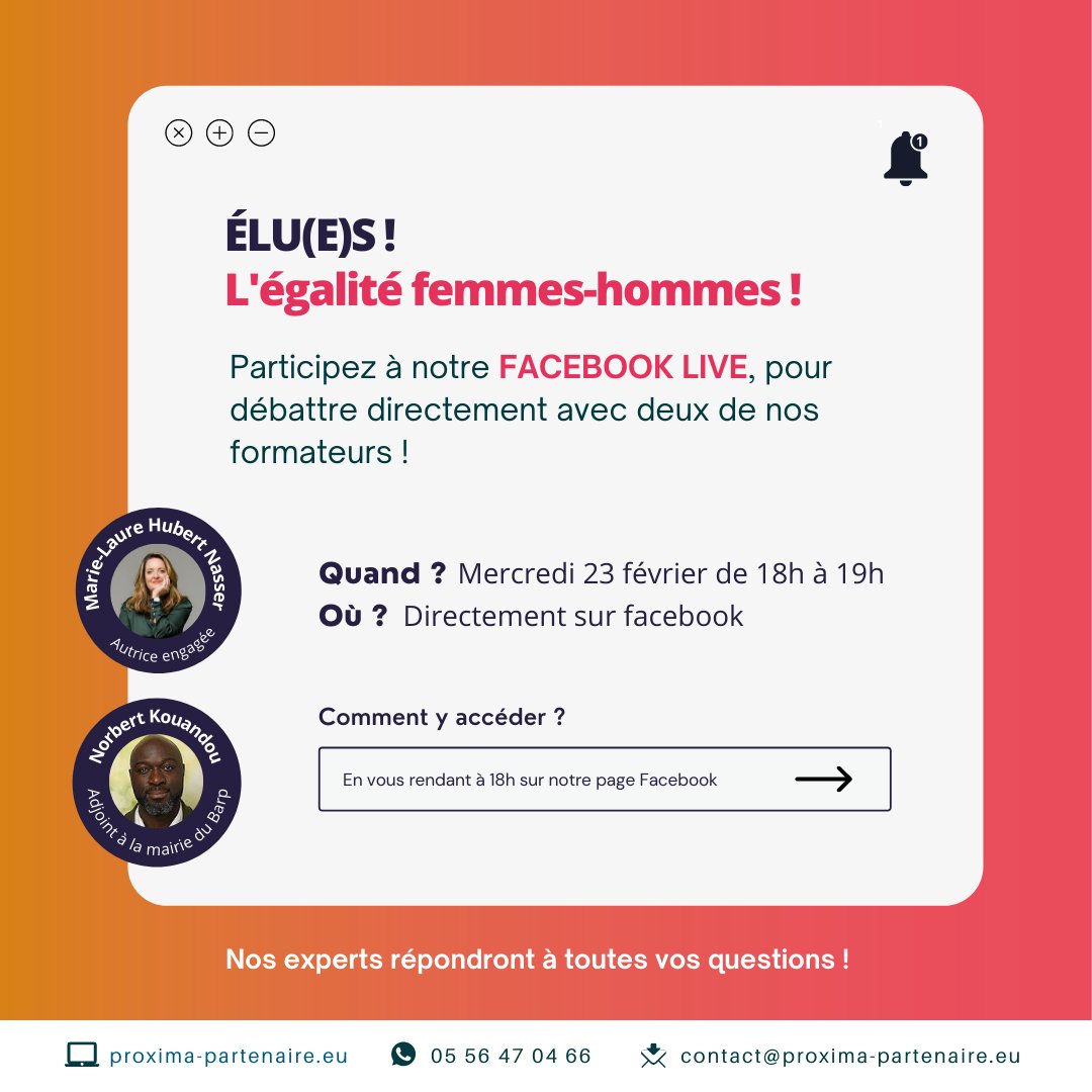 PPartenaire's tweet photo. 🚨 Élu(e)s !

💫 Proxima vous propose un Facebook Live sur l'égalité femmes-hommes, animé par Marie-Laure Hubert Nasser et Norbert Kouandou.

Rendez-vous mercredi 23 février 2022, de 18h à 19h directement sur notre page Facebook.👇https://t.co/7OS5FuM3Su https://t.co/Msr8kgaNnW