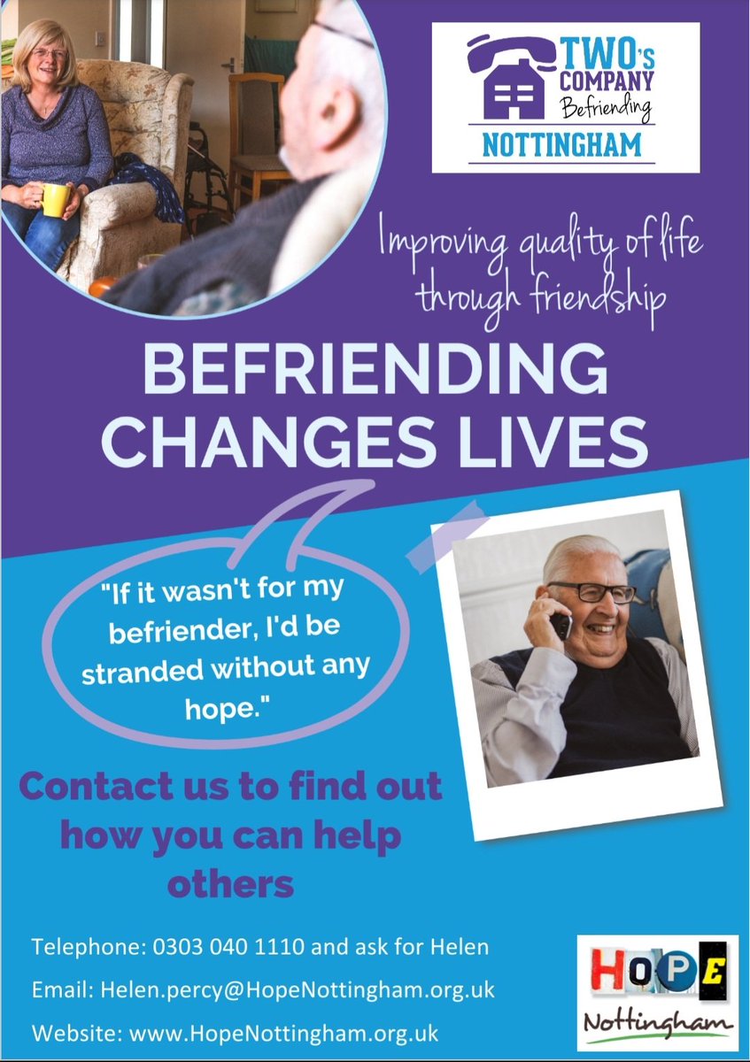 Do you have a spare few hours to help our befriending service please? Here is a poster and video! If need more information then please contact the lovely Helen on helen.percy@hopenottingham.org.uk or ring 0303 040 1110 vimeo.com/668640563/9d90…