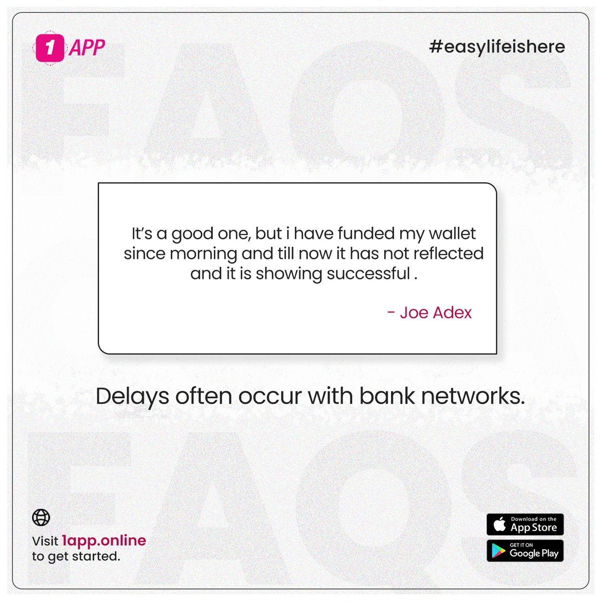 1appOnline's tweet photo. Instant payment, no downtime is our motto at #1app; delays occur not too often. When it does, exercise patience. When the delay lasts too long, send us a message via @1apponline on all platforms.

Thank you for trusting us, always!

#1apponline #Easylifeishere #ThursdayReviews https://t.co/MJJW7vXPuE