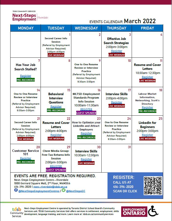 GerrardSquare's tweet image. Next Steps Employment March 2022 Workshop &amp;amp; Events Calendar.
Plus - Info Session: Free Tax Preparation, Ministry of Labour, Training and Skills Development (MLTSD): Employment Standards Program and SHL Talent Central Assessment flyers.
#tdsbcommunityservices 
#nextstepsemployment