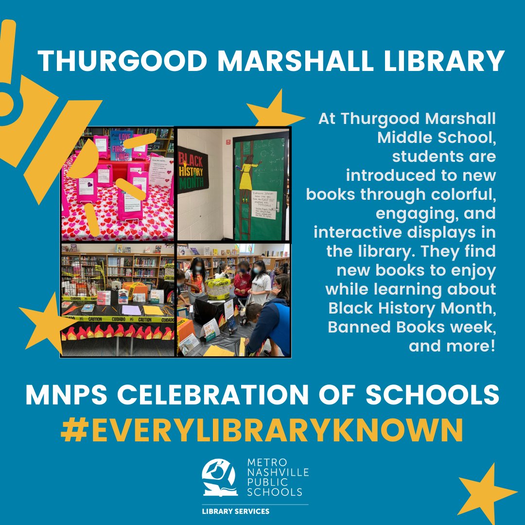 MNPSLibraries's tweet image. At Thurgood Marshall Middle School, students are introduced to new books through colorful, engaging, and interactive displays in the library. They find new books to enjoy while learning about Black History Month, Banned Books week, and more! @MetroSchools #EveryLibraryKnown