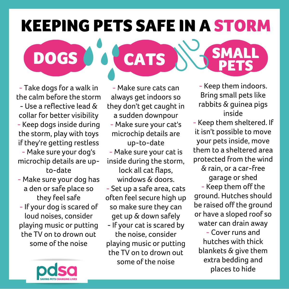With storms expected to continue over the weekend, here are some tips to help keep your pet safe. 🌬️🐶🐱🐰🌧️ See full advice here: pdsa.me/ISnF

#StormDudley #StormEunice