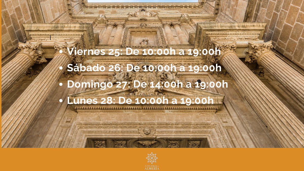 Se acerca el puente de #Andalucía si estáis interesados en visitar #Almería y su #Catedral ampliamos el horario. No os perdáis la visita a la #Catedraldealmeria.
#Díadeandalucia #28deFebrero #visitacultural