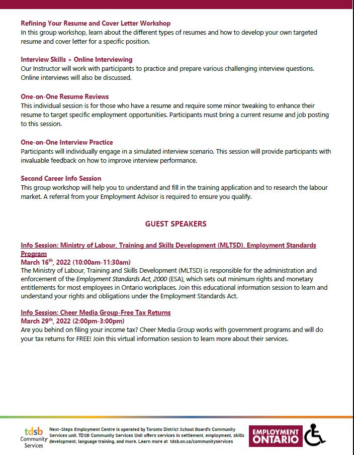 GerrardSquare's tweet image. Next Steps Employment March 2022 Workshop &amp;amp; Events Calendar.
Plus - Info Session: Free Tax Preparation, Ministry of Labour, Training and Skills Development (MLTSD): Employment Standards Program and SHL Talent Central Assessment flyers.
#tdsbcommunityservices 
#nextstepsemployment