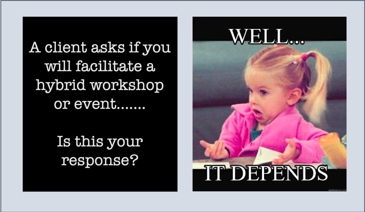 gwenstirling's tweet image. Is this your response when asked if you will facilitate a hybrid workshop? 

What does it depend on?

Come and explore this and much more:
A Hybrid Approach to Dialogic OD
👇👇👇👇👇

Bookings @CCI
lnkd.in/dNf9Mtn

#hybridfacilitation #virtualconsulting #DialogicOD