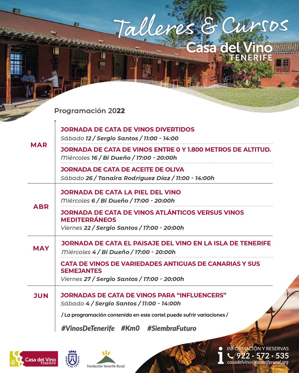 Aquí tienen lo que muchos pedían, la programación de actividades de este semestre (confiando que el 🦠 nos deje 🤞🏼)

Nuevos talleres, divertidos, d altura, vinculados al paisaje….

#innovando #vinosdetenerife #siembrafuturo #consumelocal #km0 #casadelvinotenerife #teneriferural