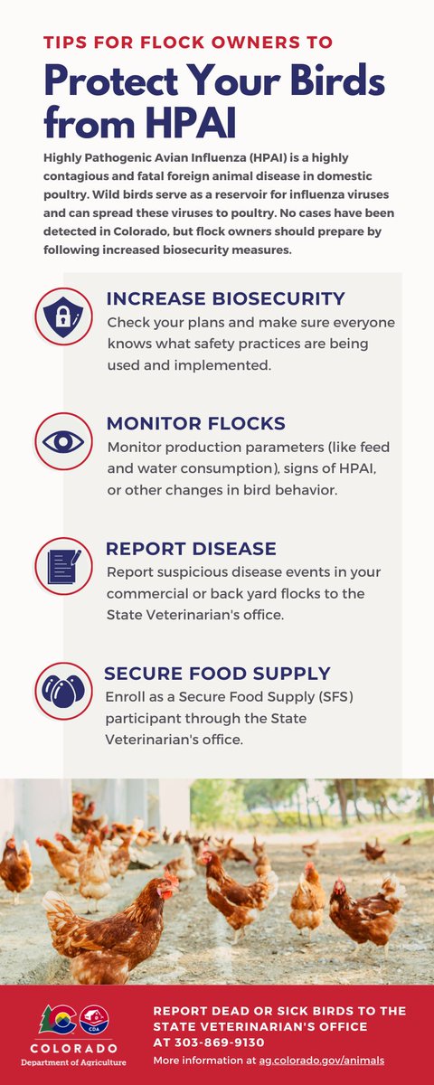FarmMedicine's tweet photo. HICAHS: "RT @coagriculture1: #HPAI is a highly contagious and fatal foreign animal disease in domestic poultry. While there have been no cases of HPAI in Colorado, the State Vetโs Office is asking all poultry and bird owners to increase their #biosecโฆ https://t.co/vQKg7KsUcb"