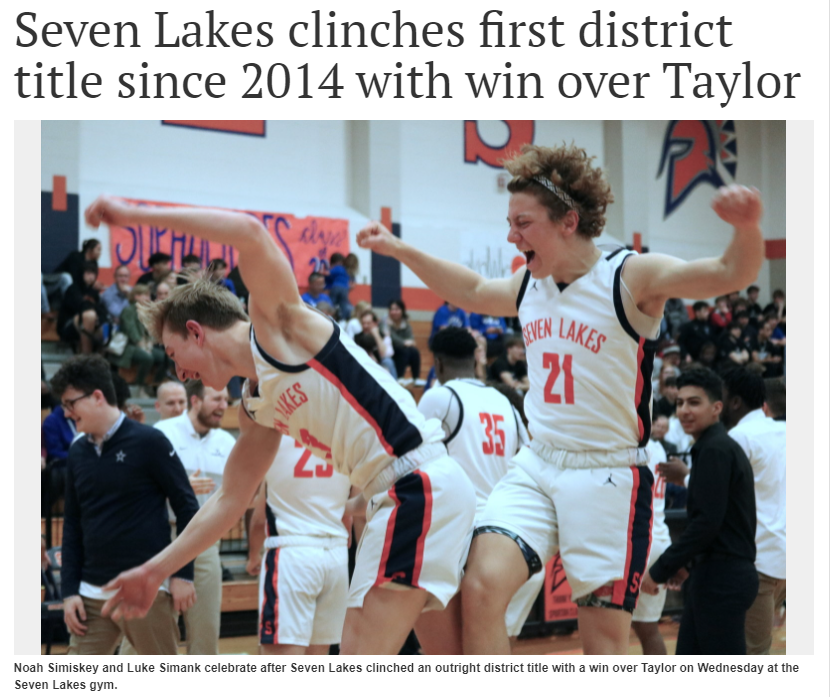 sevenlakesband's tweet photo. Congratulations to Boys Varsity basketball player and Drum Captain Luke Simank for his part in the District Championship title last night! Luke is a prime example of how band and athletics can work in tandem at Seven Lakes! @KatyISDFineArts @kfinnesand @7LSpartanHoops https://t.co/oKIVk1dMHf