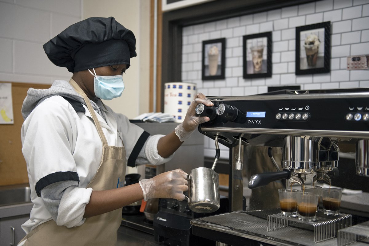 Lauren Daquet’s Food Prep class at ICC introduced specialty coffees. Students learned new skills: preparing cold foam for the Iced White Chocolate Mocha. Top sellers: Ghirardelli Latte, Chocolate Raspberry Latte, Strawberries and Cream Frappuccino. #EmploymentSkills #CTEmonth