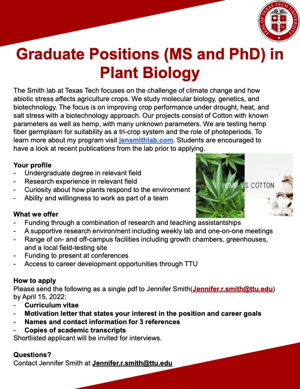 Nick Smith (@nick_greg_smith) on Twitter photo My <a href="/BiologyTTU/">BiologicalSciencesTTU</a> colleague, Jennifer Smith (jensmithlab.com), is looking for graduate students to join her group and work on #cotton and #hemp research. Please see ad below and contact Jennifer if you are interested. My <a href="/BiologyTTU/">BiologicalSciencesTTU</a> colleague, Jennifer Smith (jensmithlab.com), is looking for graduate students to join her group and work on #cotton and #hemp research. Please see ad below and contact Jennifer if you are interested.
