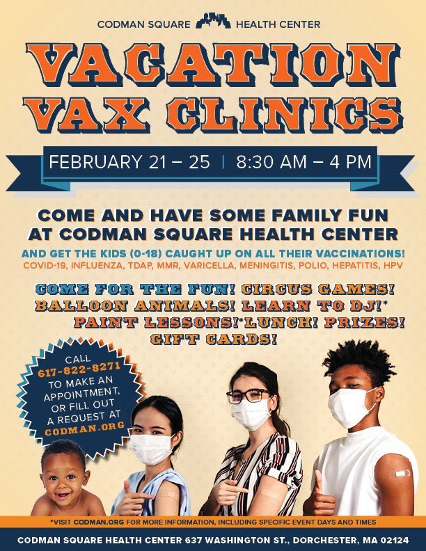 BgenBoston's tweet photo. JOIN CODMAN’S FUN AND FREE
FEBRUARY VACATION VACCINATION CLINIC https://t.co/c08Chhlpo5