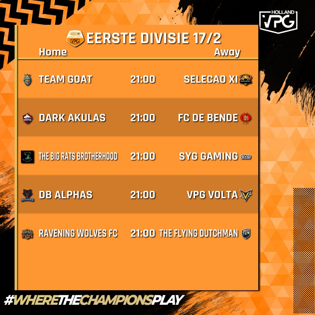 De laatste speelronde van deze week is er en dit zijn de wedstrijden van vanavond! 🏆

Wie gaat het de top 4 lastig maken?🔥

#Profclubs • #VPG • #ProClubs • #VPGHOLLAND