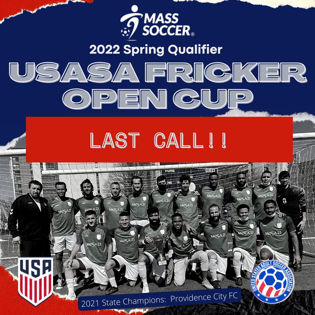 Last call for teams for USASA Werner Fricker Open Cup!!

⌛️Registration closes on Sunday, February 20th at midnight.

🤩mass-soccer.org/frickercup