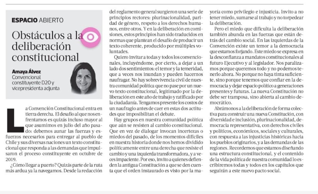Te invitamos a leer la columna “Obstáculos a la deliberación constitucional” en <a href="/latercera/">La Tercera</a> , realizada por Amaya Álvez (@amaya_alvez), convencional constituyente y directora de Rumbo Colectivo aquí 👉 google.cl/amp/s/www.late…