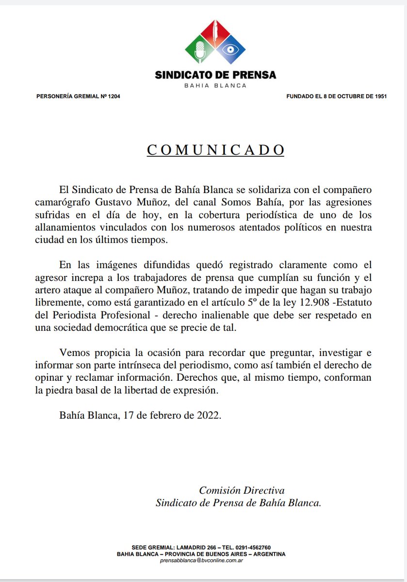 Sindicato de Prensa Bahía Blanca (@sindicatobahia) on Twitter photo 