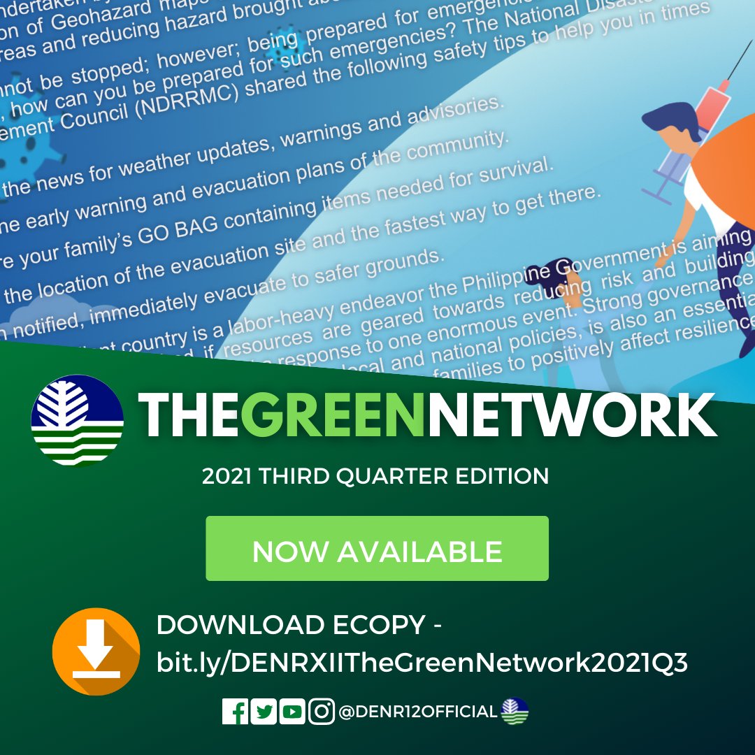 The DENR XII Official Newsletter - The Green Network 2021 Third Quarter Edition is now available. 
Printed copies are to be distributed.
You can download the eCopy here - 
bit.ly/DENRXIITheGree…
#TheGreenNetwork 
#TayoAngKalikasan
