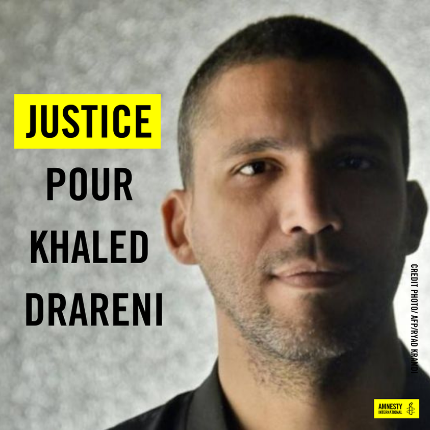 AmnestyAlgerie's tweet photo. Le procès du journaliste @khaleddrareni s'est déroulé, ce jeudi, devant la cour d’Alger. Le verdict sera rendu le 3 mars. 

Toutes les charges retenues contre lui doivent être abandonnées. Justice pour Khaled. 

#Algérie https://t.co/ntGlBZ0gSK