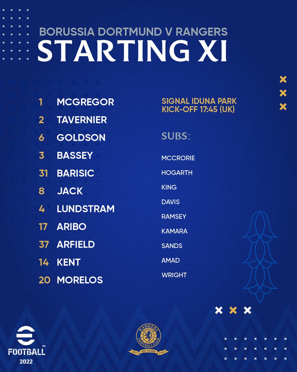 RangersFC's tweet image. 👉 Tonight's #RangersFC team to face @BVB in the @EuropaLeague.

🗒️ Full Team News: rng.rs/3Jy7G6O