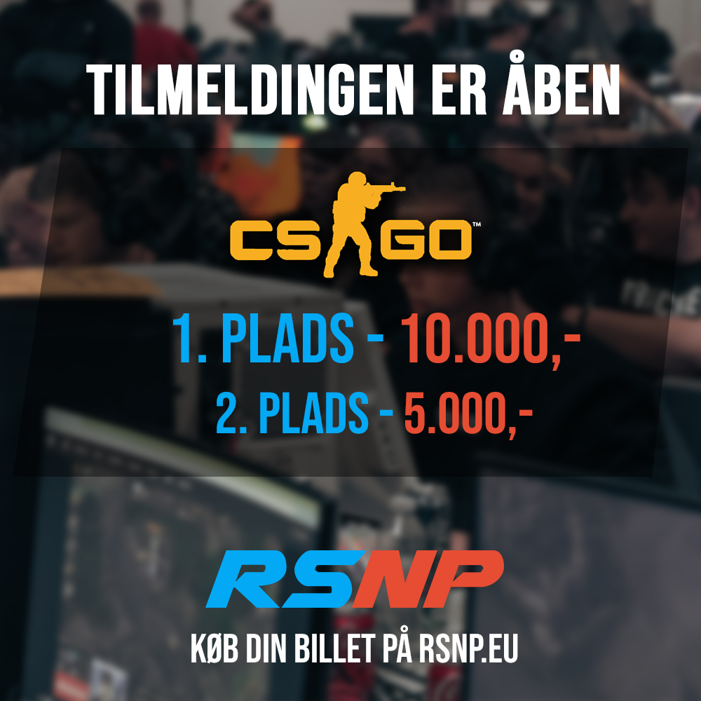 Vi har nu åbnet for tilmeldingen til vores CS:GO turnering! 🔫
Har du stadig ikke nået at købe billetter til dig og dit hold? 
Så skynd dig ind på rsnp.eu/csgo/