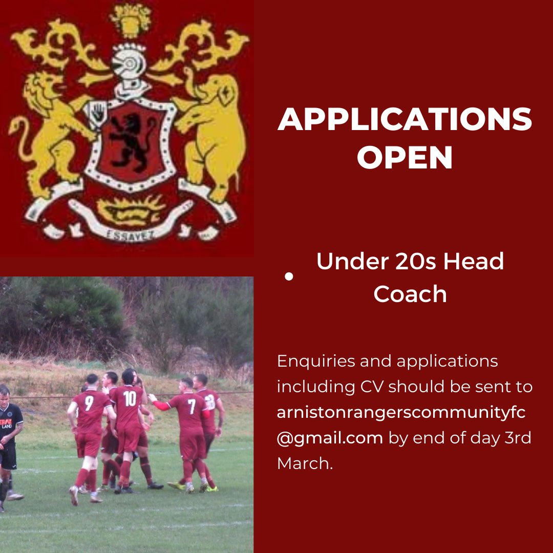 ARNISTON RANGERS UNDER 20s

🇱🇻 Significant progress has been made alongside <a href="/arnistonyfc/">Arniston Rangers YFC</a> and we look to introduce an Under 20s side for next season.

• The club is now welcoming applications for the Head Coach position.