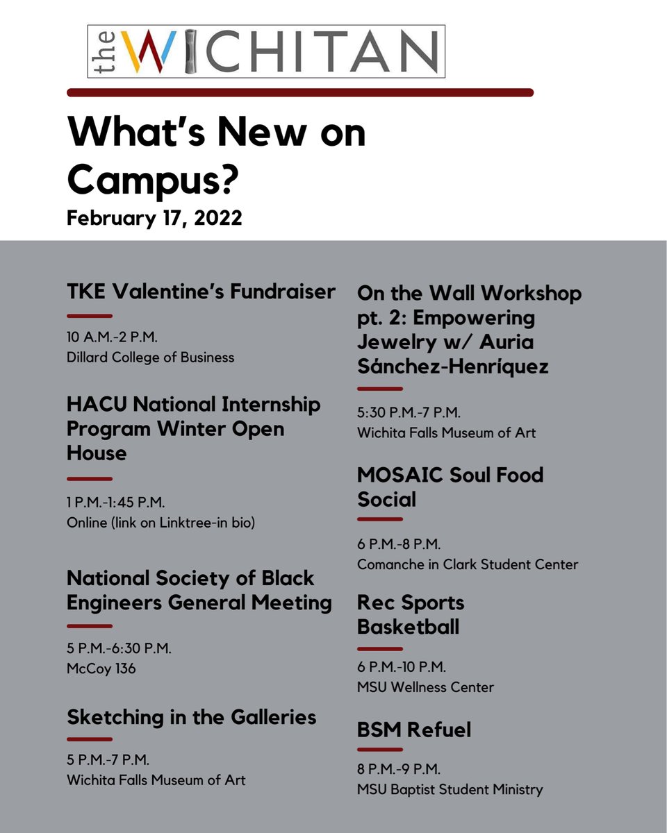At the Wichitan, we love to see what’s happening on campus! Here is your itinerary for Thursday, February 17. Check out the Corq app for more information!