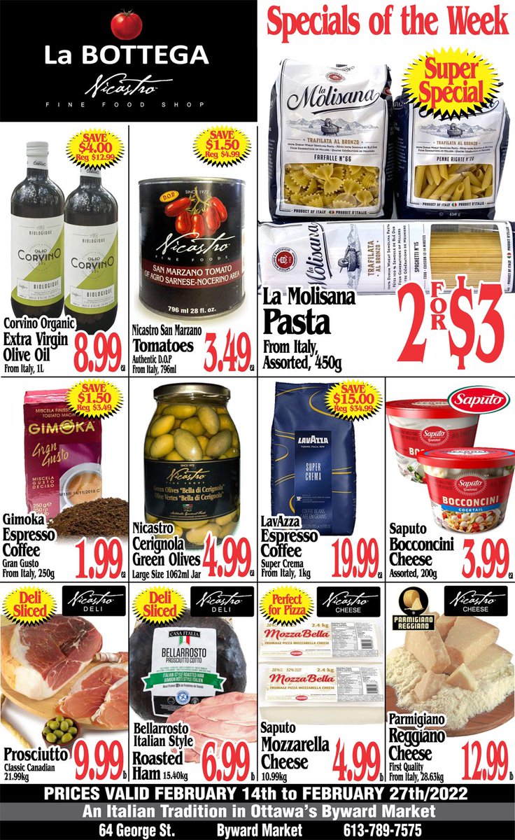 BottegaNicastro's tweet photo. We are ๐ฏ open for business. New week - new specials. SAVE ON ITALIAN FOOD! #ItalianGrocers #Bottega #LetsGo #BywardMarket #Ottawa #NewWeek #Save https://t.co/M6TLcqKyZk
