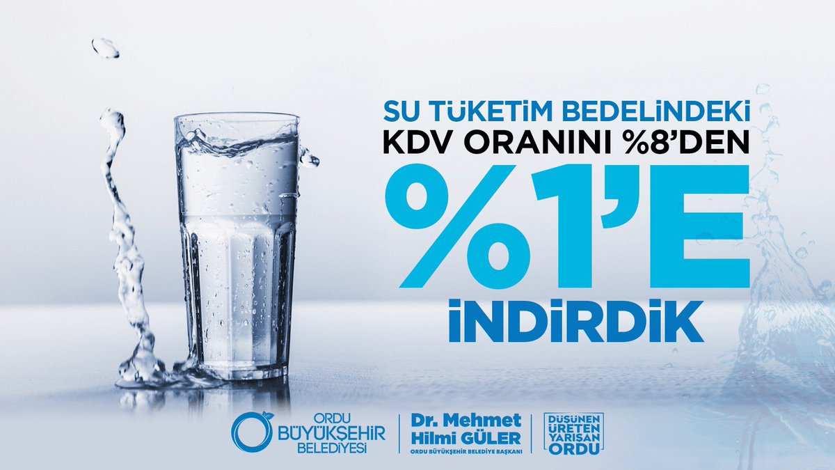 Ordu Büyükşehir Belediyesi (@ordubbld) on Twitter photo Cumhurbaşkanımız Sayın <a href="/RTErdogan/">Recep Tayyip Erdoğan</a> tarafından açıklanan "Enflasyon Tedbirleri" kapsamında su tüketim bedelinde uygulanacak olan KDV oranını ilimizde %8'den %1'e düşürdük.
Hayırlı olsun. Cumhurbaşkanımız Sayın <a href="/RTErdogan/">Recep Tayyip Erdoğan</a> tarafından açıklanan "Enflasyon Tedbirleri" kapsamında su tüketim bedelinde uygulanacak olan KDV oranını ilimizde %8'den %1'e düşürdük.
Hayırlı olsun.