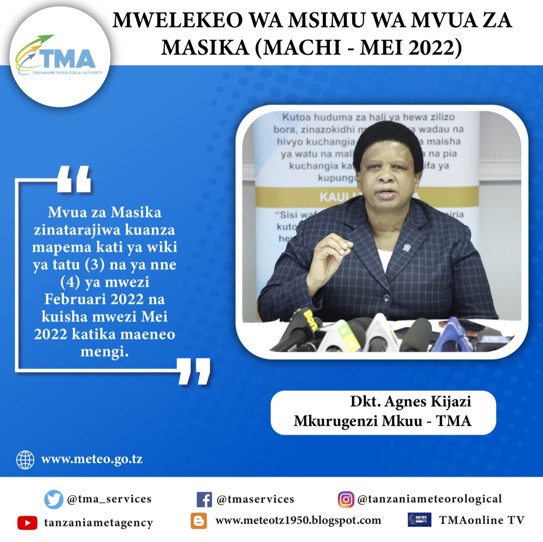 DorcasRaymos's tweet photo. Msimu wa Mvua za Masika 2022 watarajiwa mvua kubwa maeneo mengi ya nchi. Mvua hizi ni kwa maeneo yanayopata misimu miwili ya mvua nchini. https://t.co/eWEygECojB