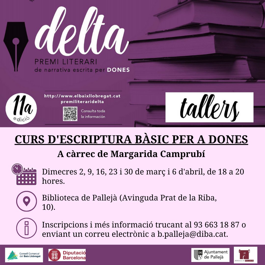 👩🖋️ Inscripcions obertes per al "Curs d'escriptura bàsic per a dones", amb motiu de l'11a edició del Premi literari Delta. 

ℹ️ El curs està dirigit a dones majors de 18 anys, és gratuït i és a càrrec de Margarida Camprubí.