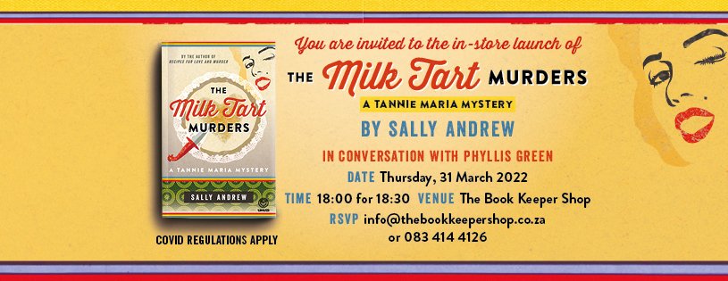 Pretooooria, are you ready for Tannie Maria? 🤩

Please join us at The Book Keeper Shop on 31 March at 18:00, when author @TannieSall will be talking to @PhyllisGreen about The Milk Tart Murders. 

You know you don't want to miss this one! 😉📖✨