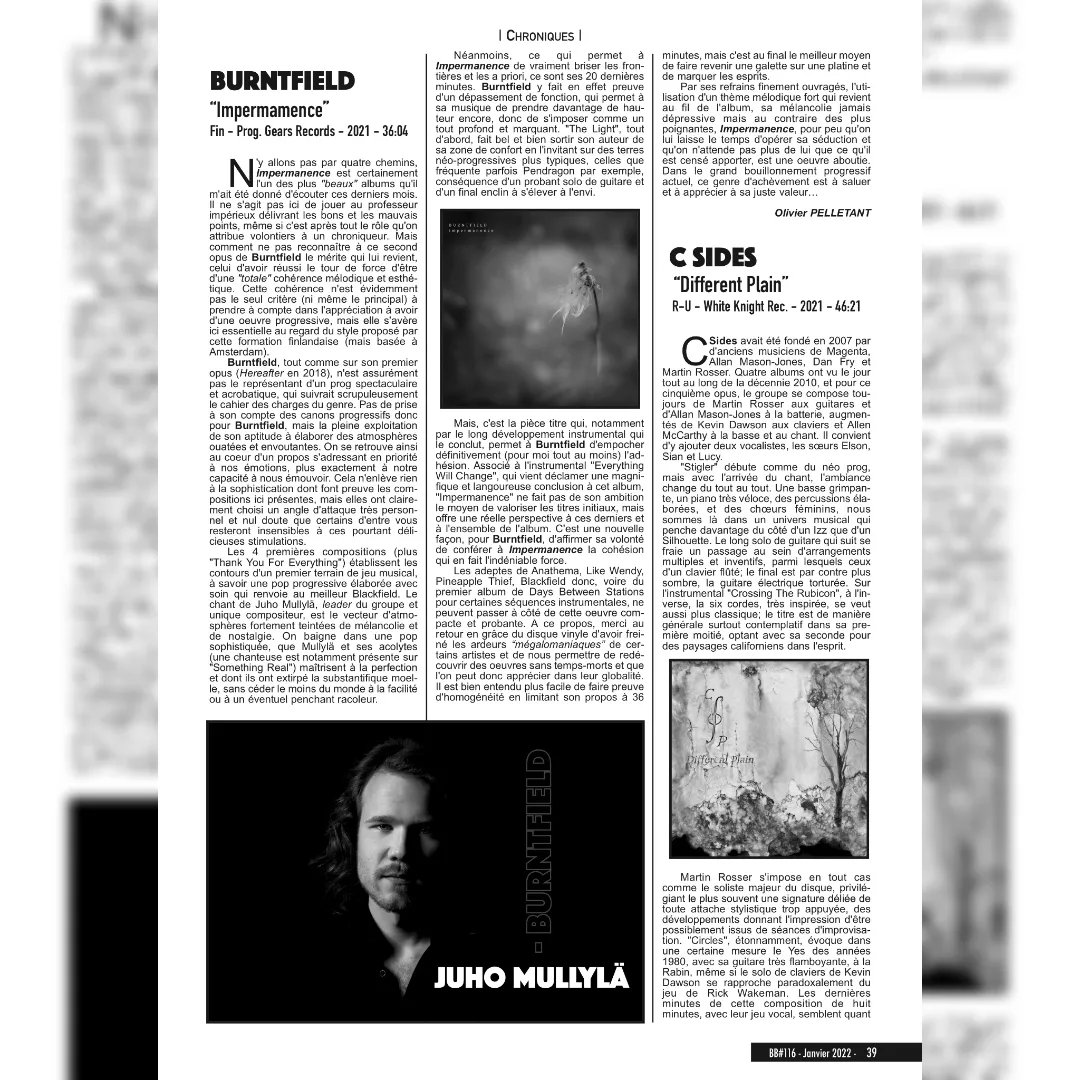 BurntfieldBand's tweet photo. The January 2022 issue no. #166 of #BigBangMagazine features a beautiful review (in French) of #Impermanence by Olivier Pelletant. Many thanks! 🙏
#burntfield #albumreview #review #progressiverock #progrock #prog #melodicprog #modernprog #crossoverprog #progmagazine https://t.co/Qw8xaBKTpt
