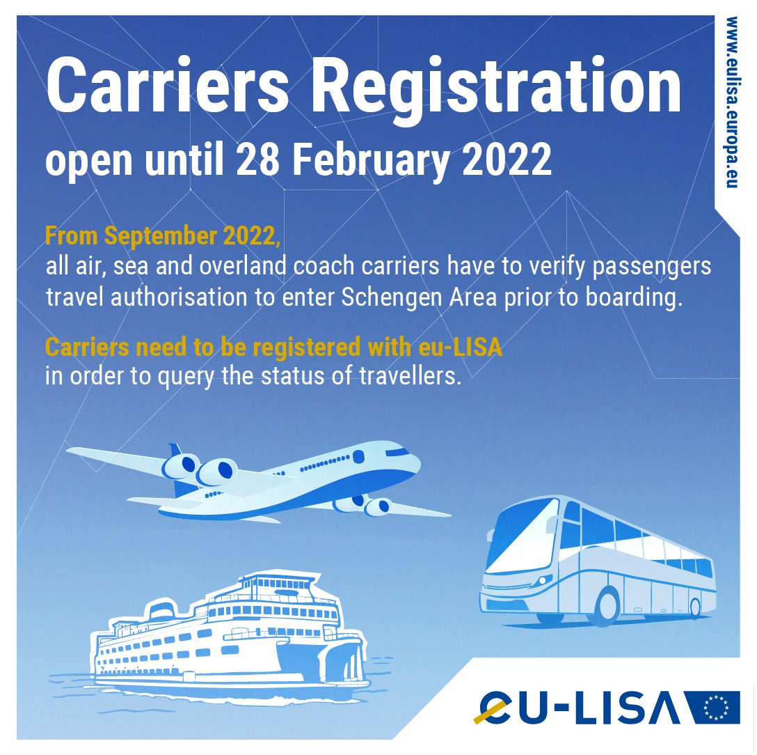 Air, sea and overland coach carriers are invited to register with eu-LISA by end of February 2022 in order to query #EES and #ETIAS for the status of travellers arriving to the #Schengen Area. 
Learn more: europa.eu/!vRFbhy
