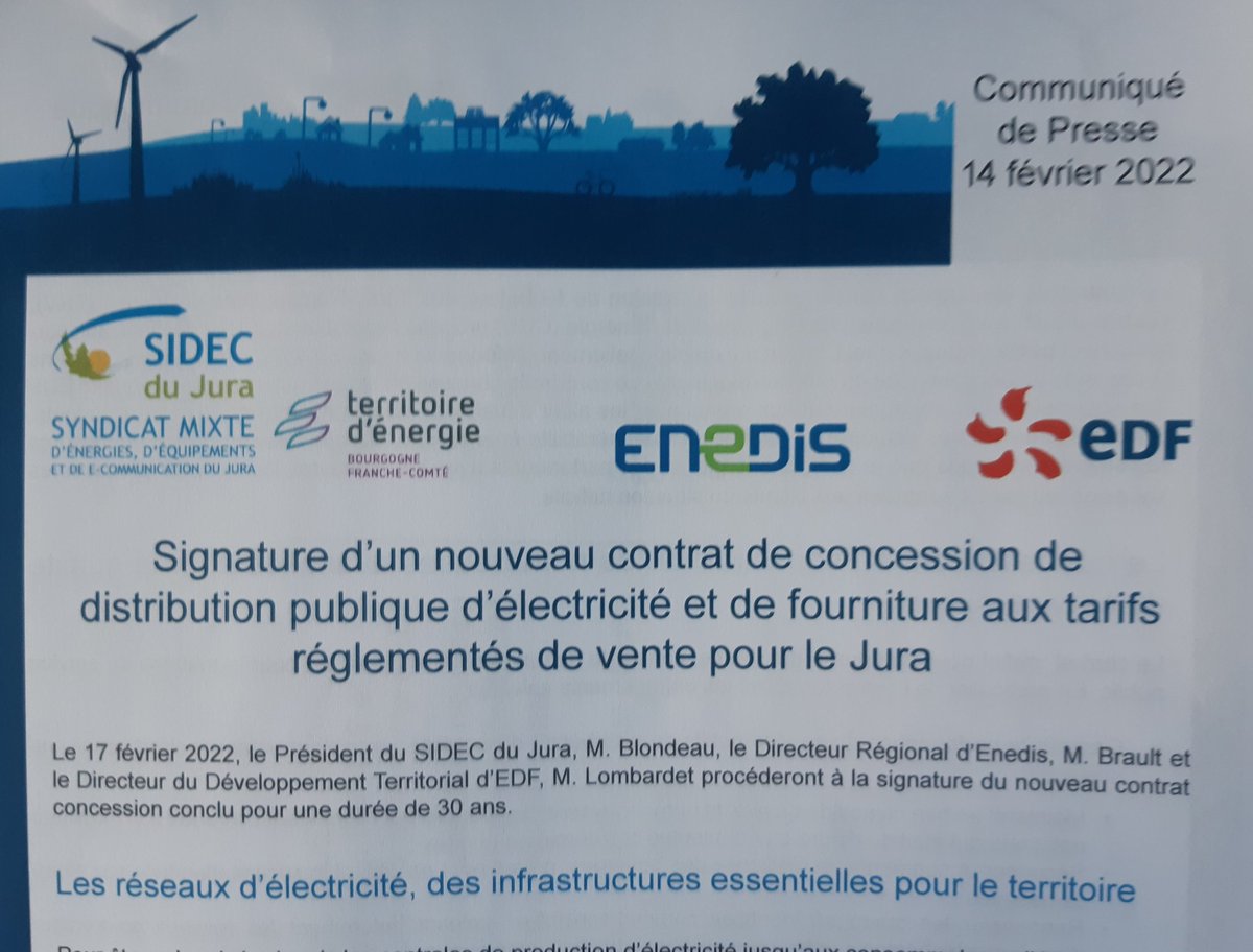 W_Lombardet's tweet photo. #SIDEC #TE39, @enedis_als_frc et @EDF_CollTerr renouvelle le contrat de #concession pour 30 ans pour le #territoire de #Jura. @EDFofficiel @EDF_CollTerr un engagement et des investissements pour la #transitionEnergetique #ServicePublic lutte contre la #PrécaritéEnergétique https://t.co/D2Bp5nZTaM