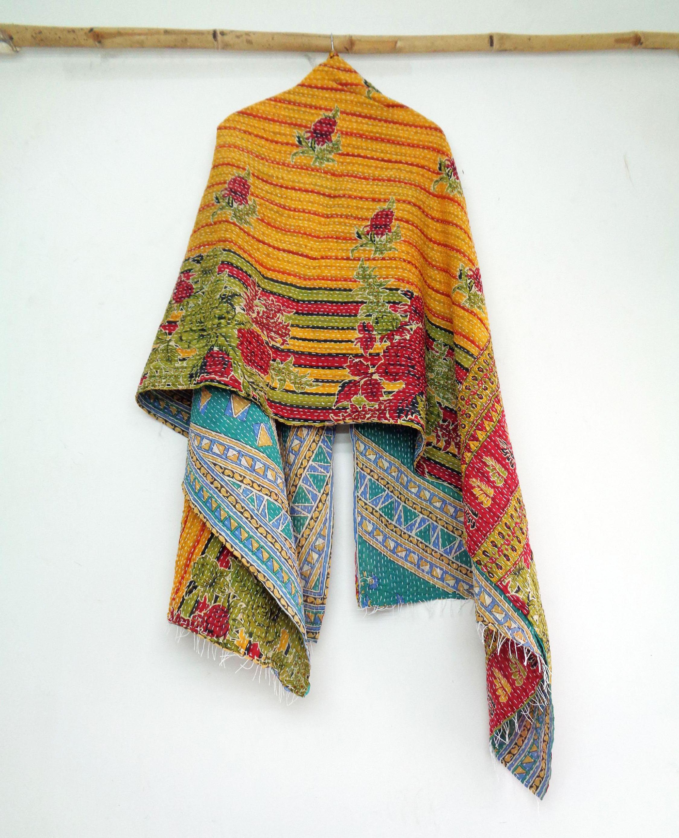 Vintage Dupatta Long Stole Cotton Cream Hijab Hand Embroidered Kantha Scarves SR10