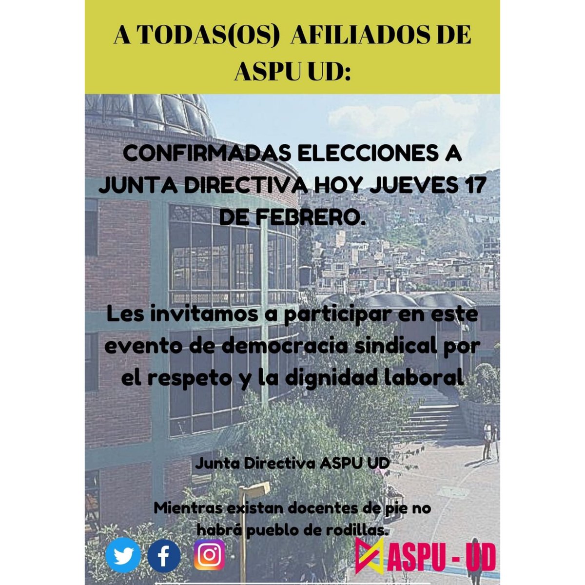 AspuUD's tweet photo. El día de hoy se llevarán a cabo las elecciones a la Junta directiva de nuestro sindicato, las y los invitamos a que se acerquen a participar. https://t.co/YIraWgxDy1