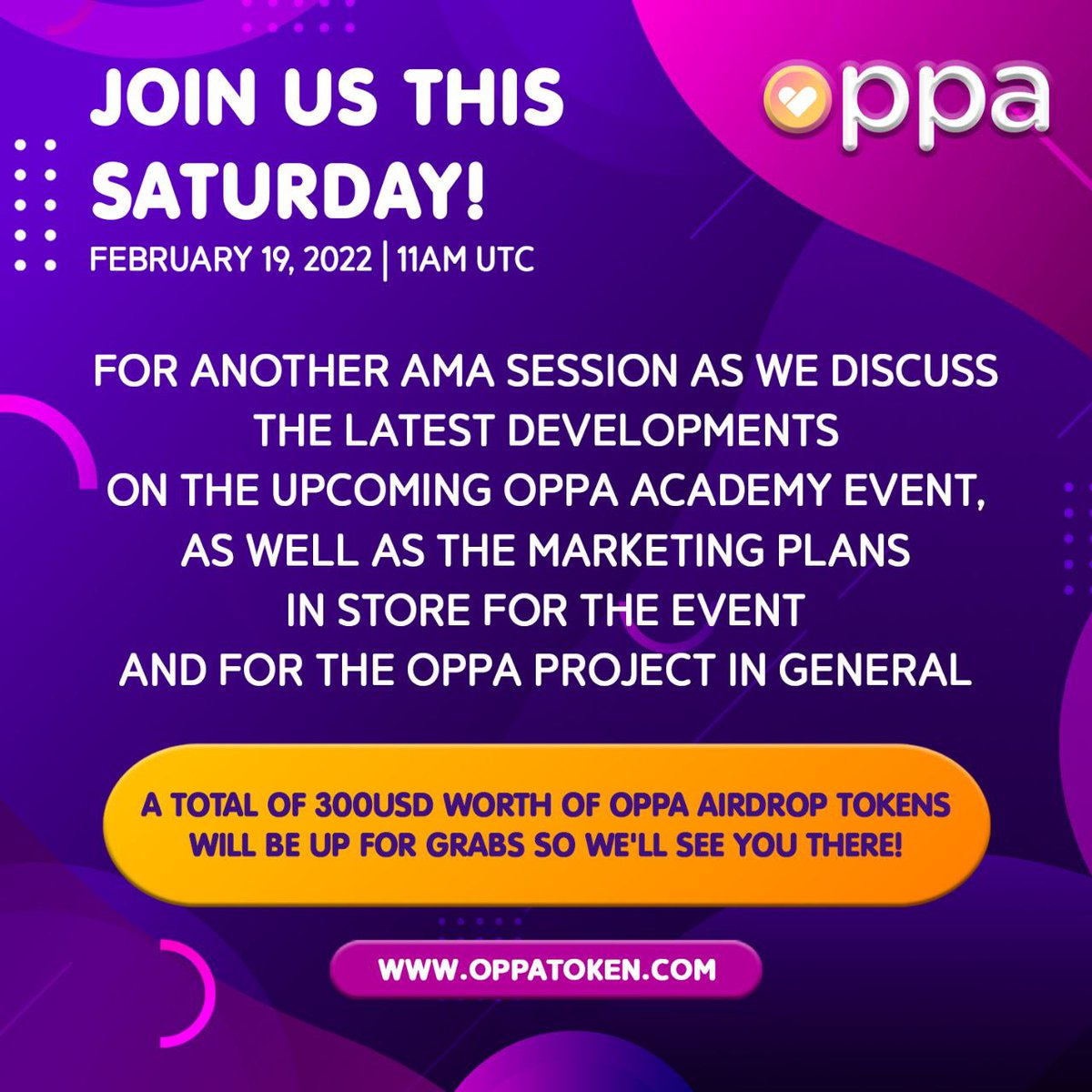 theoppatoken's tweet photo. ✨ AMA ALERT ✨

We have updates to share to the community this SATURDAY, FEB 19 at 11 AM UTC!

And by the way, we're giving away OPPA tokens to some lucky Fanatics who will join us! 🎉

See you on our official telegram community! ⬇️
https://t.co/jy2R1m0FHU https://t.co/jE8QtnBD9T