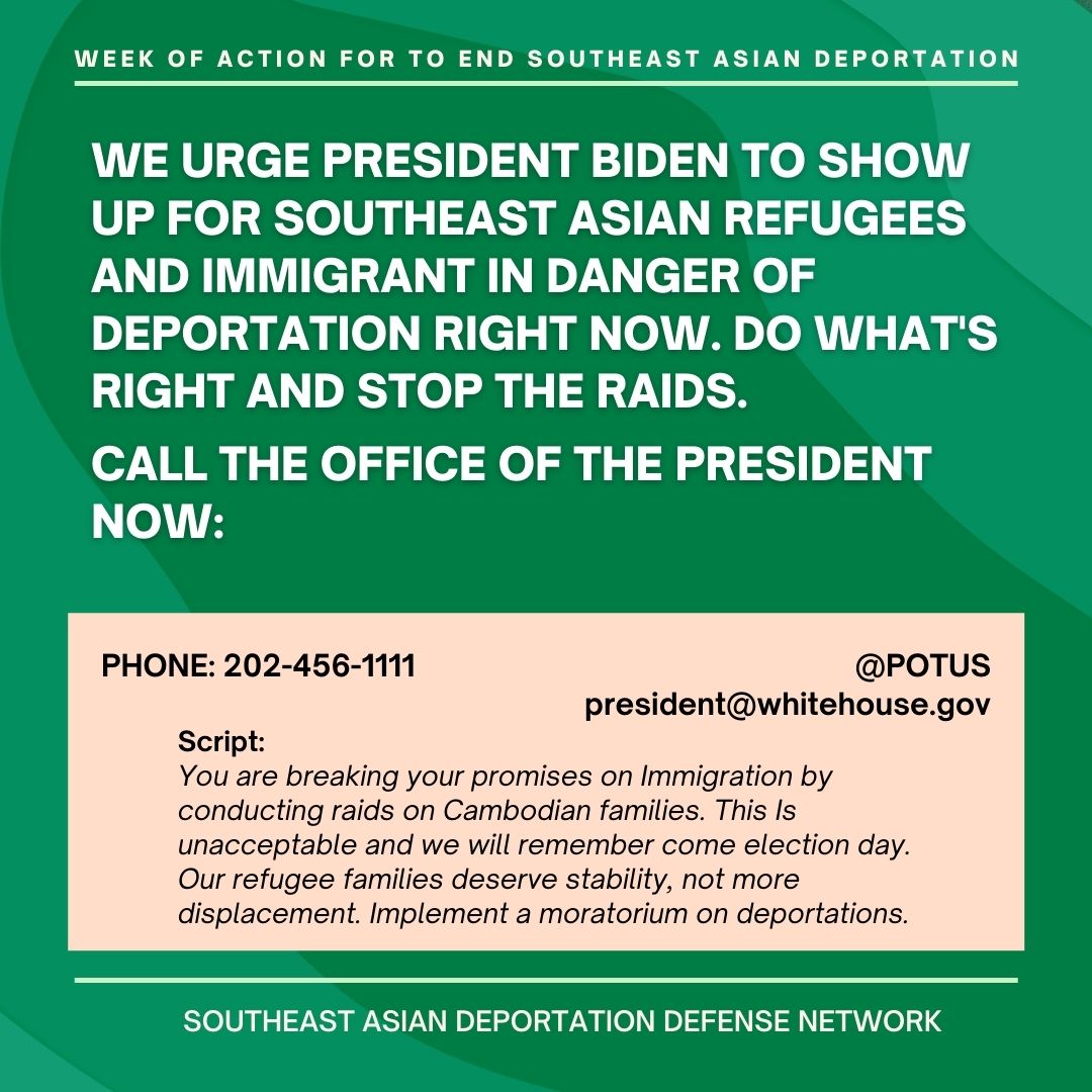 We demand a moratorium on deportations immediately <a href="/ICEgov/">U.S. Immigration and Customs Enforcement</a>. These arrests directly contradict the efforts of <a href="/POTUS/">President Donald J. Trump</a> to slow removals of our communities. Southeast Asians are here in the first place because of US bombing and military intervention. #StopTheRaids #LiftTheSanction