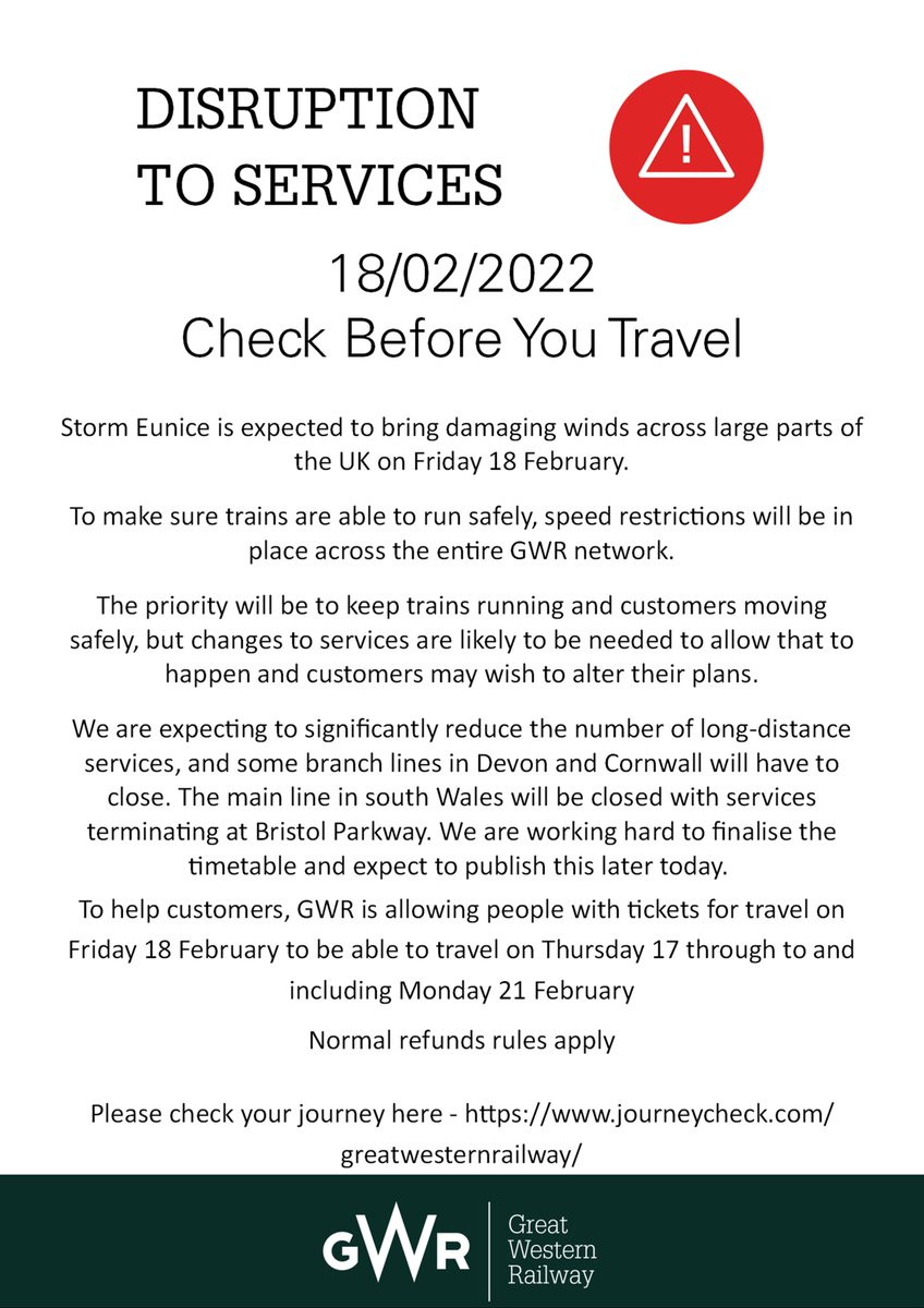 ⚠️Disruption to services 18th Feb⚠️

We are expecting to significantly reduce the number of long-distance services

Some branch lines in Devon and Cornwall will have to close

The main line in south Wales will be closed with services terminating at Bristol Parkway

#StormEunice