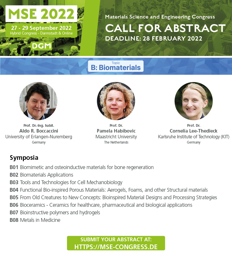 Boccaccini_Lab's tweet photo. Submit your abstract to #MSE2022  @DGM_eV, one of the largest conference on #MATERIALSSCIENCE in 🇪🇺 We @Boccaccini_Lab are coordinating the topic: #BIOMATERIALS with 8 symposia being organised. Submission deadline: 28 February 2022:
https://t.co/A4ZM9PP7YO https://t.co/xGBdFj5fQH