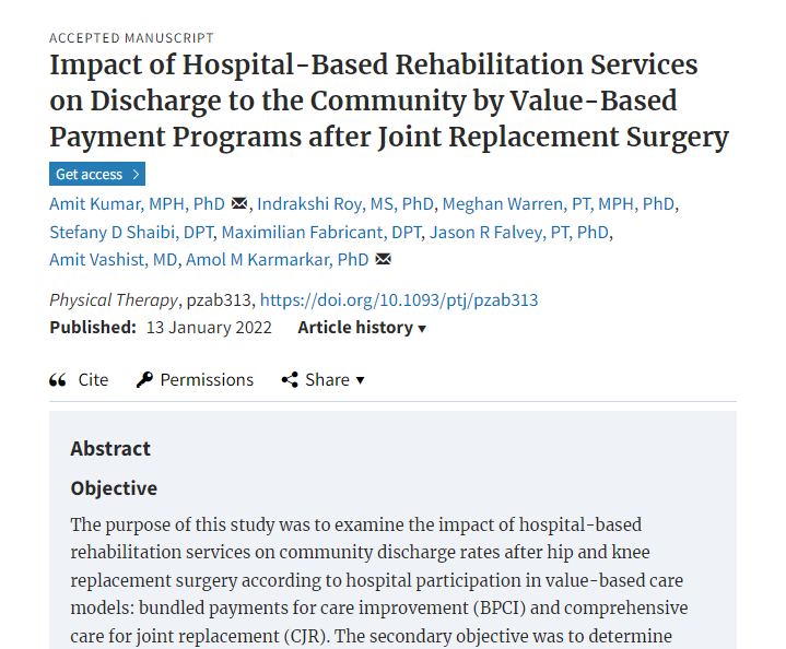 PTJ: Journal of APTA (@ptjournal) on Twitter photo New work from <a href="/AmitGlobeHealth/">Amit Kumar</a> & colleagues concludes volume of rehabilitation services delivered during acute hospitalization is associated with a higher likelihood of discharge to community following hip and knee replacement.
Read more: academic.oup.com/ptj/advance-ar… New work from <a href="/AmitGlobeHealth/">Amit Kumar</a> & colleagues concludes volume of rehabilitation services delivered during acute hospitalization is associated with a higher likelihood of discharge to community following hip and knee replacement.
Read more: academic.oup.com/ptj/advance-ar…