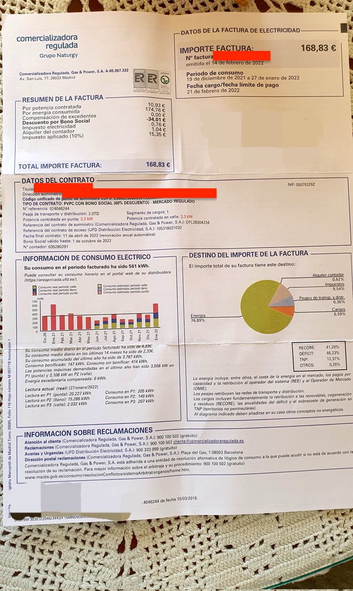 Factura de luz de mi madre 82 años...
Hace 1 año 45€, los últimos meses 90€ este mes 168€...
Su pensión 600€ hace 1 año hoy 602€..
El nivel de asco por nuestra clase politica y el hartazgo y ganas de marchar de aquí es inenarrable!!!