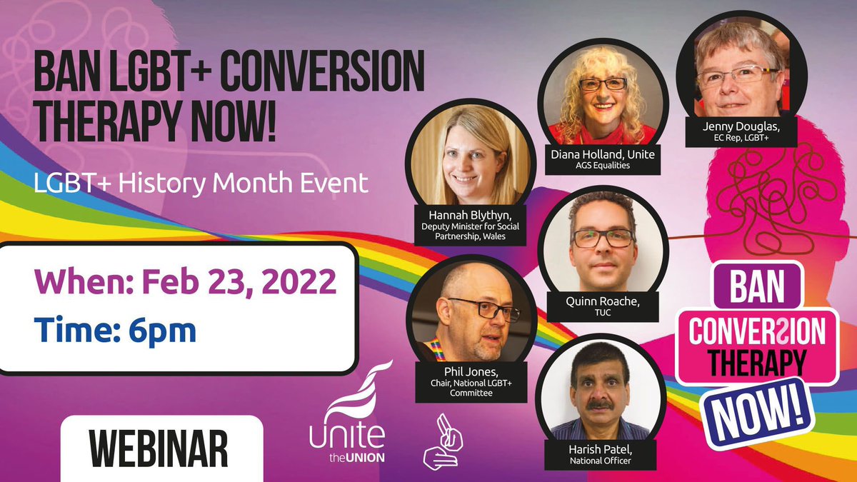 Unite Equalities (@uniteequalities) on Twitter photo Join our national #LGBTHM22 event next Wednesday as we discuss our campaign to Ban LGBT+ Therapy NOW! #banconversiontherapy
Guest speakers include: <a href="/hannahblythyn/">Hannah Blythyn</a> <a href="/DianaHolland_/">Diana Holland</a> @QuinnRoache @PhilJ_Wales <a href="/Jad58/">Jenny Douglas</a>
Register in advance for this webinar: unitetheunion-org.zoom.us/webinar/regist… Join our national #LGBTHM22 event next Wednesday as we discuss our campaign to Ban LGBT+ Therapy NOW! #banconversiontherapy
Guest speakers include: <a href="/hannahblythyn/">Hannah Blythyn</a> <a href="/DianaHolland_/">Diana Holland</a> @QuinnRoache @PhilJ_Wales <a href="/Jad58/">Jenny Douglas</a>
Register in advance for this webinar: unitetheunion-org.zoom.us/webinar/regist…