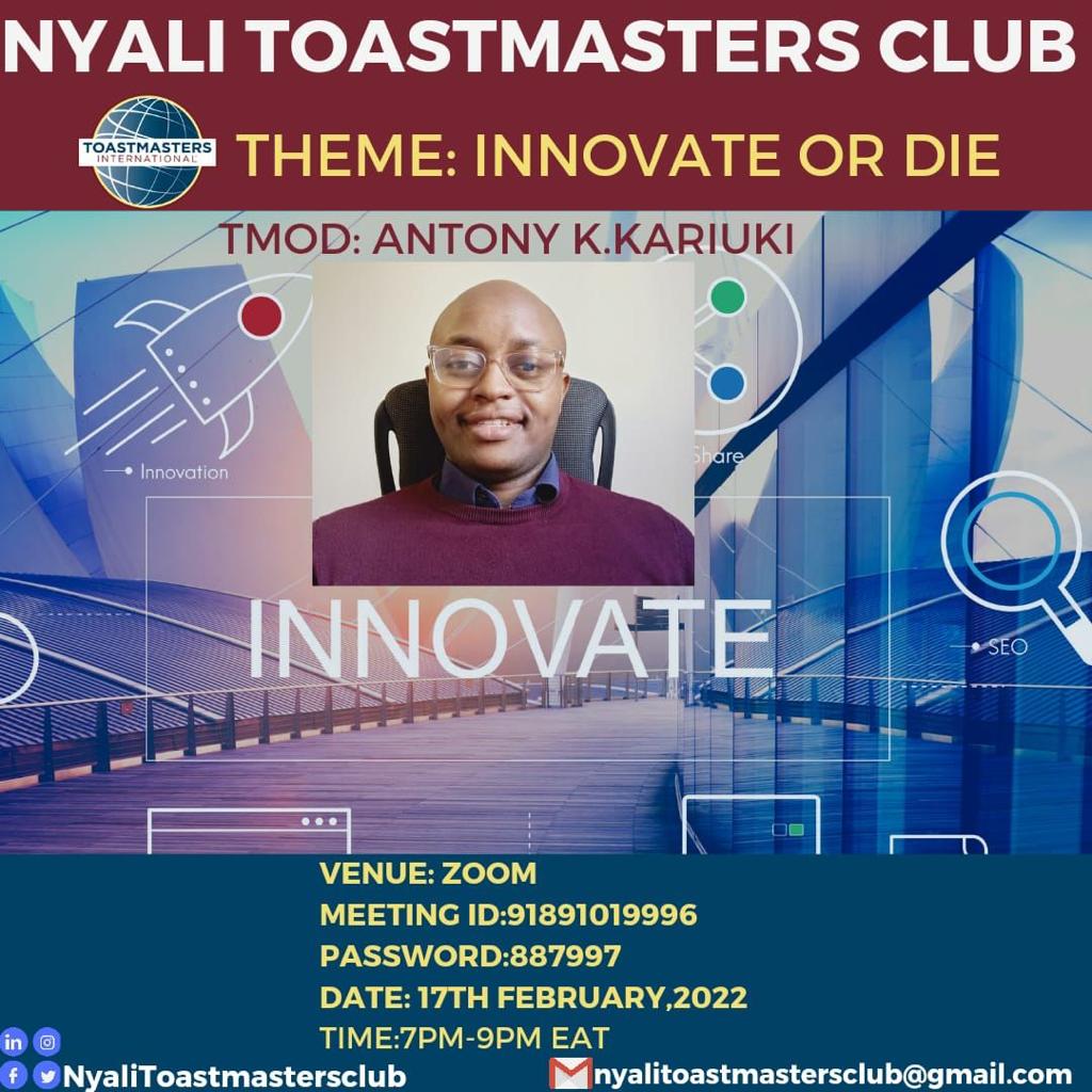 It is going down today!Nyali TM is excited to invite you to our 90th meeting this  Thursday 17th February 2020 at 7 P.M With an exciting theme: INNOVATE OR DIE! by our very own Charter president <a href="/great_Kimani/">Antony Kimani</a> You cannot afford to miss out on this one!!! zoom.us/j/91891019996?…