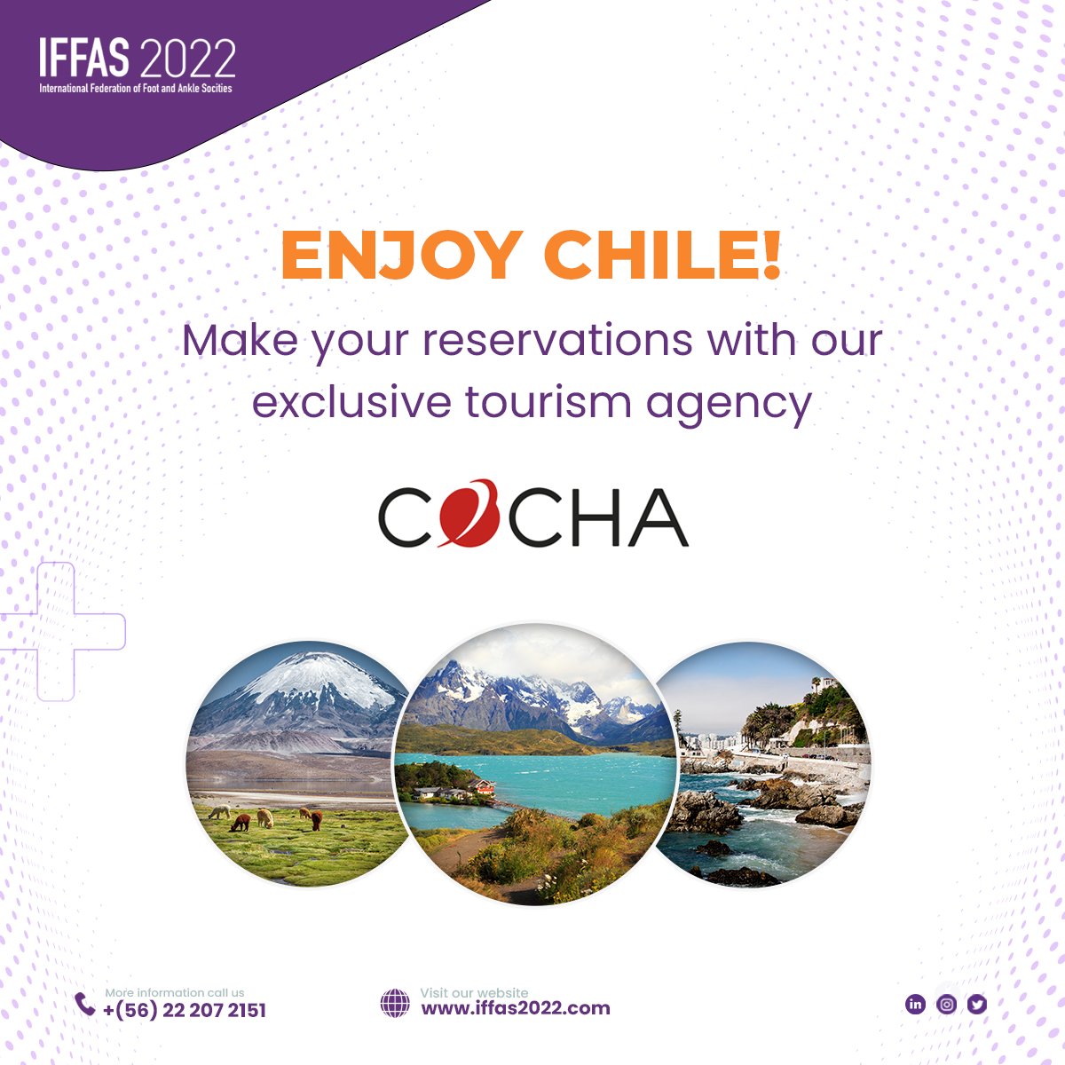 iffas2022's tweet photo. May your stay in Chile be the best. 🤩 

Make your reservations with: chermosilla@cocha.com

🌐 Visit https://t.co/Gdgx2dSDGR to know more about our 7th Triennial Meeting.

#IFFAS #IFFASCHILE #IFFASCHILE2022 #ORTHOPEDICS #CHILE https://t.co/eKd4DHrJO6