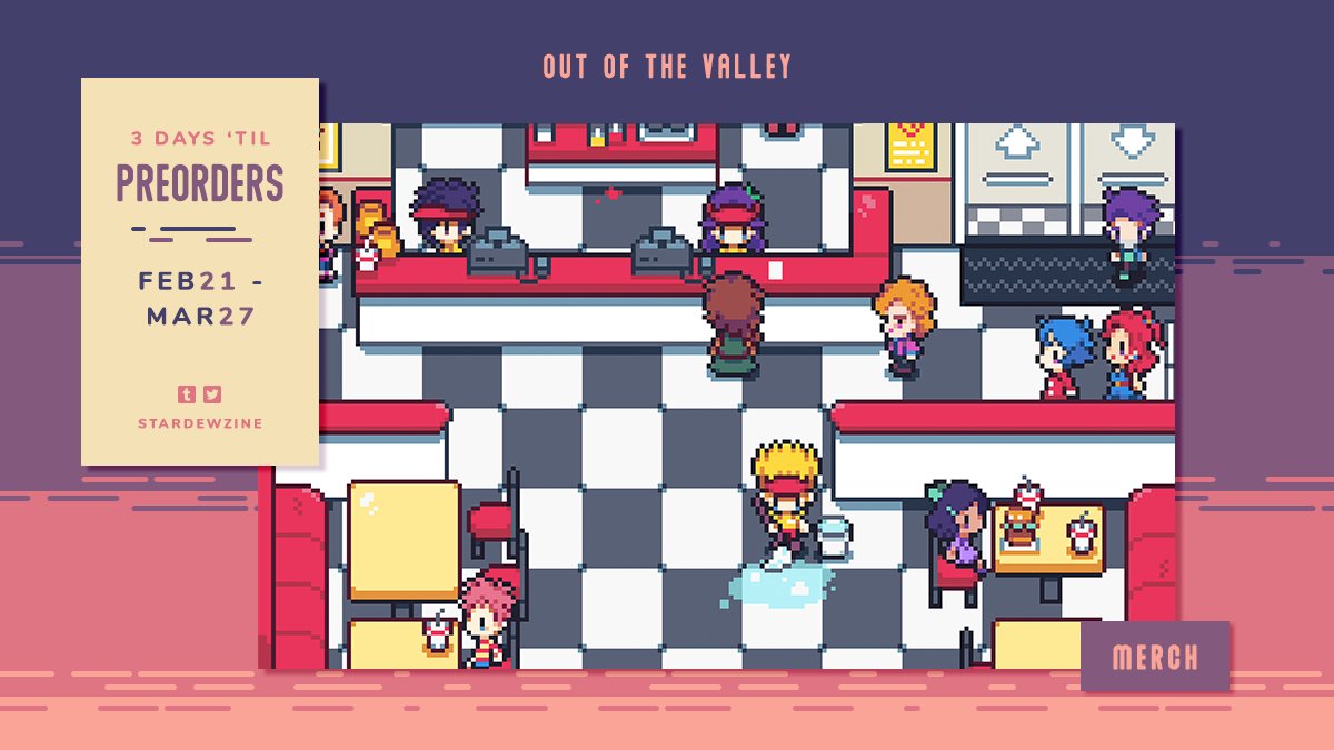 stardewzine's tweet photo. 🌃PREORDERS OPEN IN 3 DAYS🌃

Preorders for Out of the Valley are opening in three days on the 21st of February, 00:00 GMT+8 time zone! Here's a sneak peek of a print by @petalades featuring some familiar faces at a fast food store! 🍔🍟 https://t.co/cLFD6NNJ7R