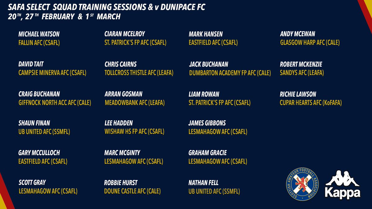 #SAFASelect | Colin MacLeod has named his squad for the upcoming training sessions on 20th, 27th February, and match against Dunipace FC on 1st March. 🏴󠁧󠁢󠁳󠁣󠁴󠁿