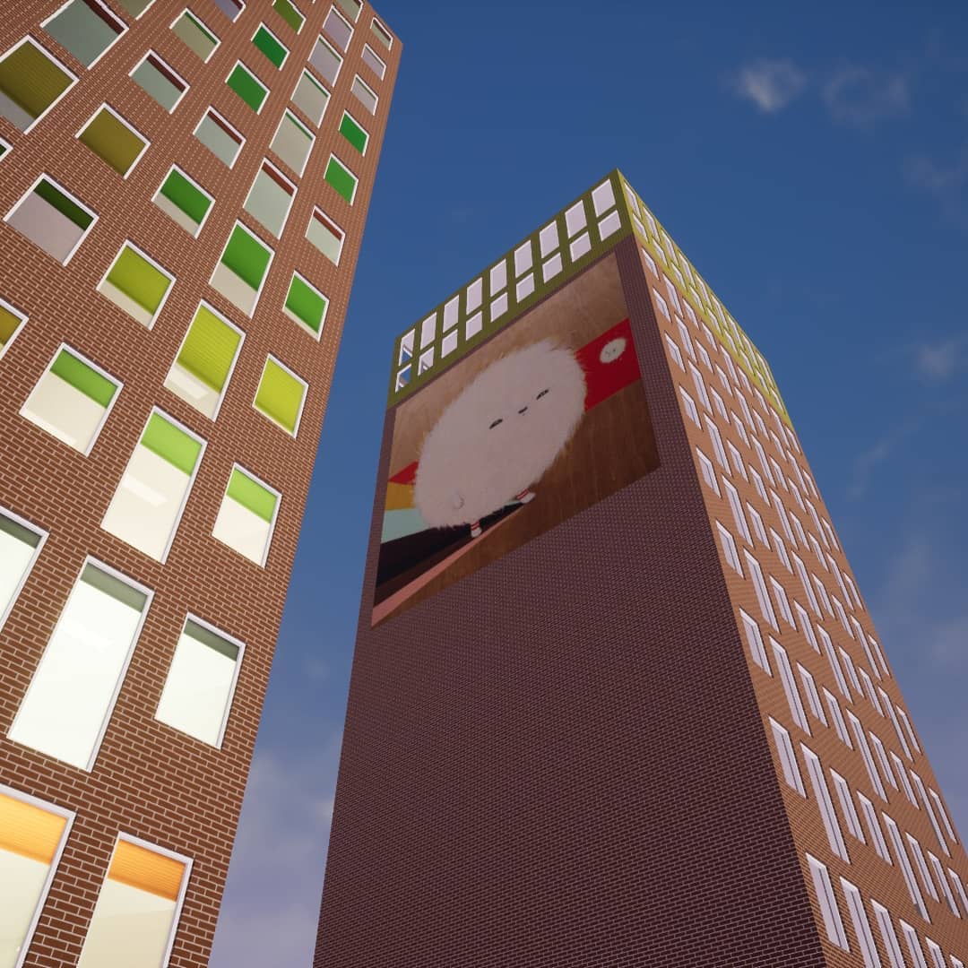 #ThrowbackThursday A year ago I put a <a href="/farfotsel/">Farfotsel</a> on the wall, for my #love <a href="/rintintinneke/">Rins</a>
#mural #generativeart #cityscape #cute #characterdesign #nftart #UnrealEngine